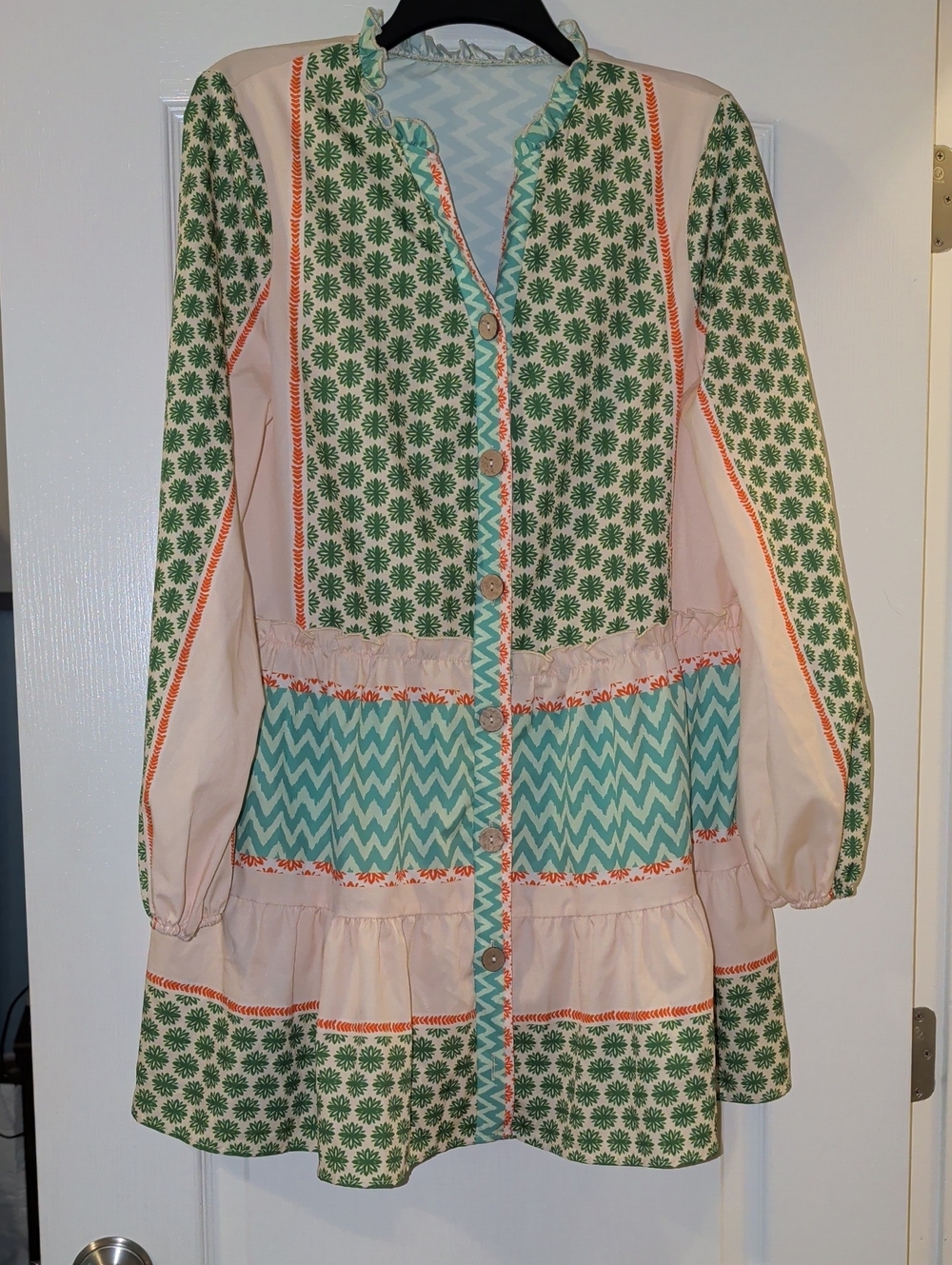 Women's Boho Tiered Dress with Green Floral and Aqua Chevron